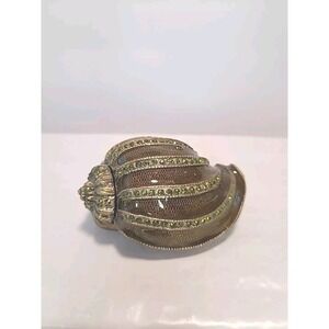 Vintage Metal Rhinestone Sea Shell Trinket Box Green Stones Gold BrownVtg~3.25in